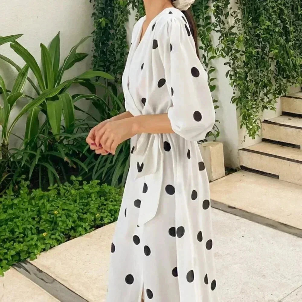 White Casual Women's Polka Dot Print V Neck Wrap Dress With Lantern Sleeve - Picture 5 of 6